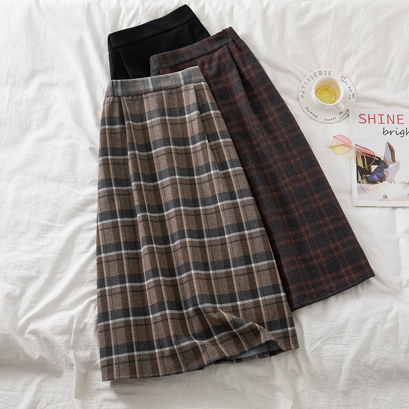 Women's High Waist Plaid Woolen Skirt