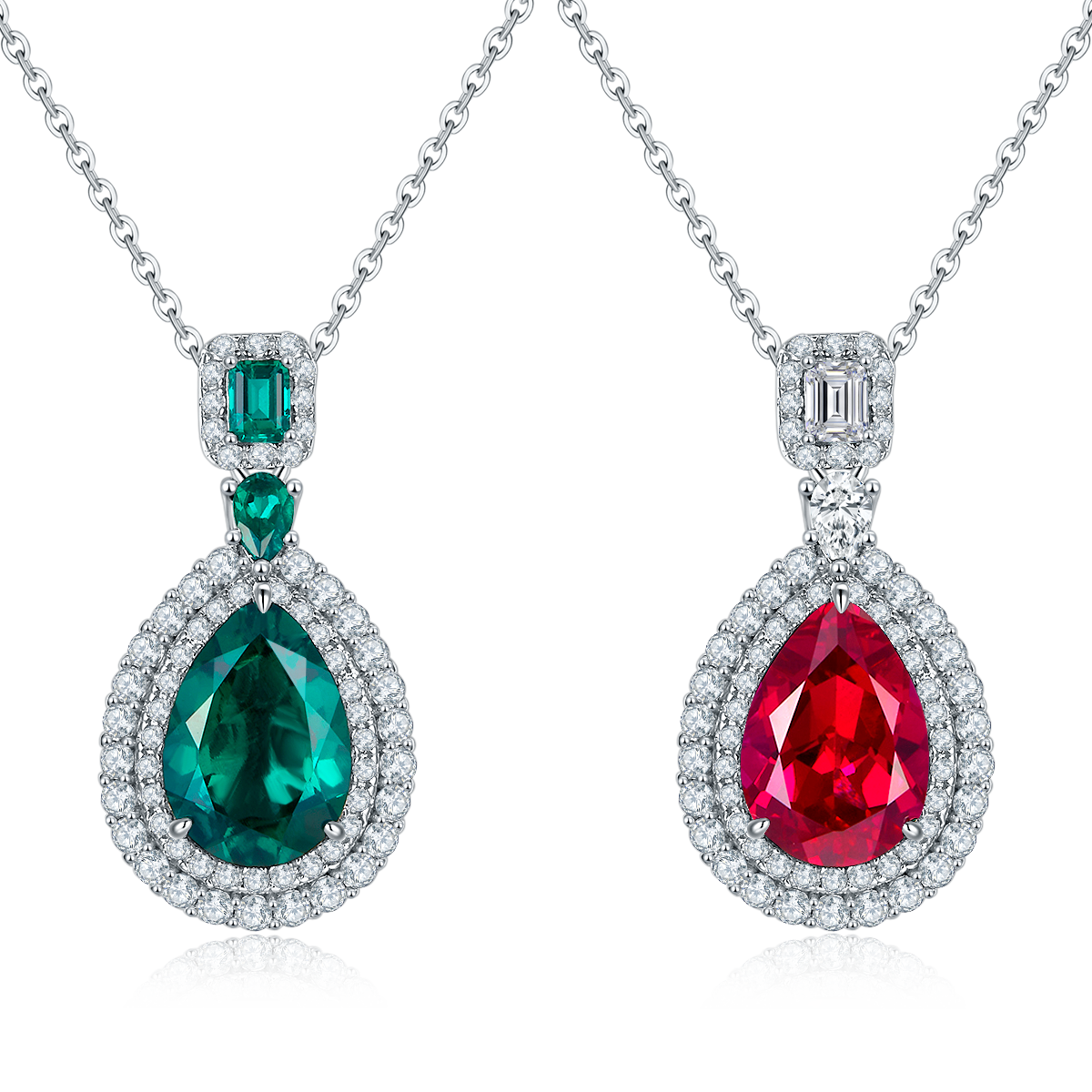 S925 Sterling Silver Lab-Grown Ruby Emerald Necklace, 13x9mm Pear Double Halo Pendant, Platinum Plated 40&45cm Chain, 5.8g Women's Gift Box