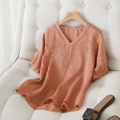 Literary Retro Embroidered Short sleeved Shirt Orange - Shop at LoveMi