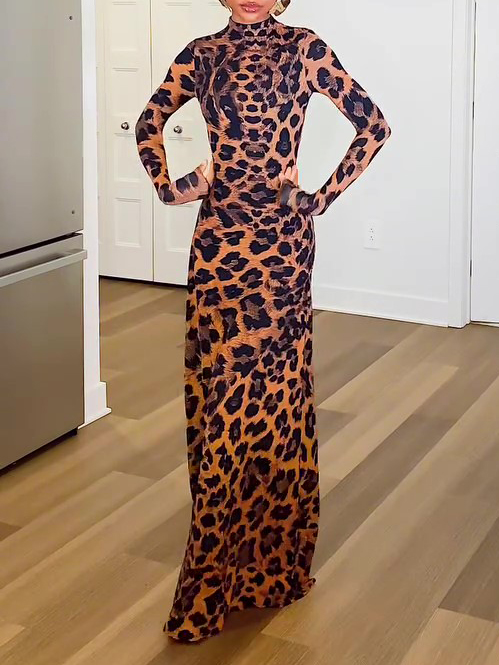 Leopard Print Mock Neck Maxi Dress Leopard Multi - Shop at LoveMi