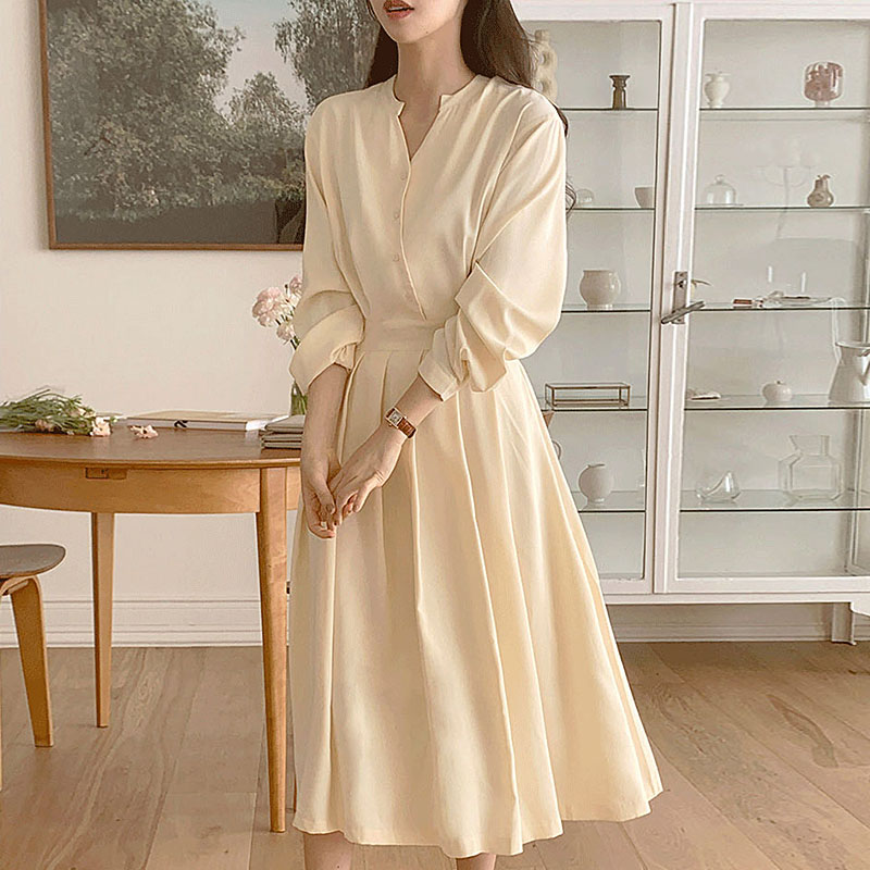 Nipped Waist Long Sleeve  Pleated Dress