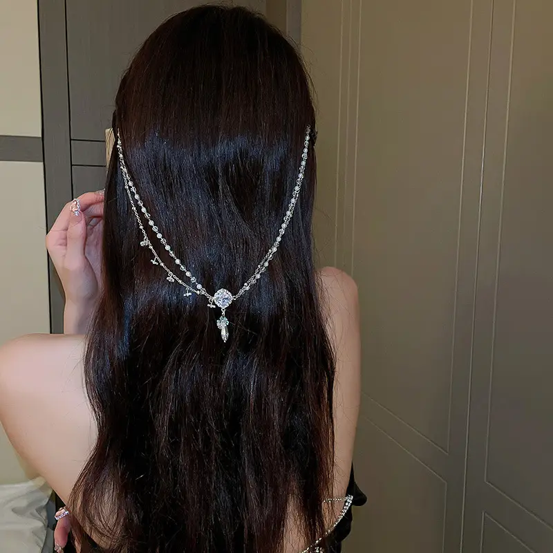 Pearl Crystal Water Drop Double Layer Hair Chain Personality