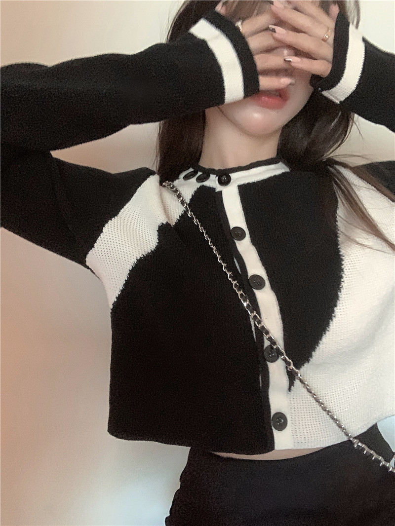 Short Slim Fit Long Sleeve Small Fragrance Patchwork Knit Sweater