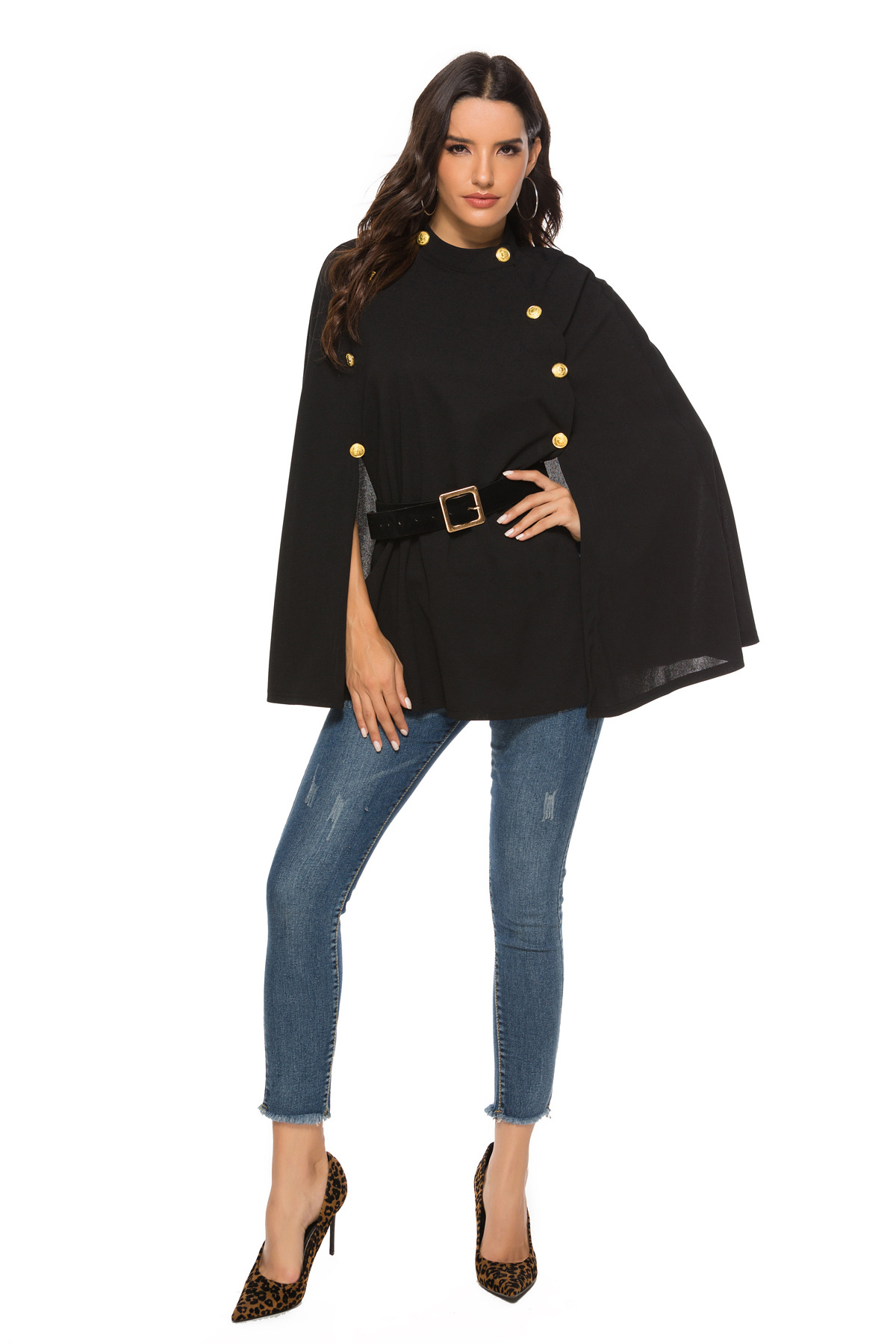 Fashion British Stand Collar Buttoned Sleeveless Big Swing Cloak Cape Cape And Belt - Shop at LoveMi