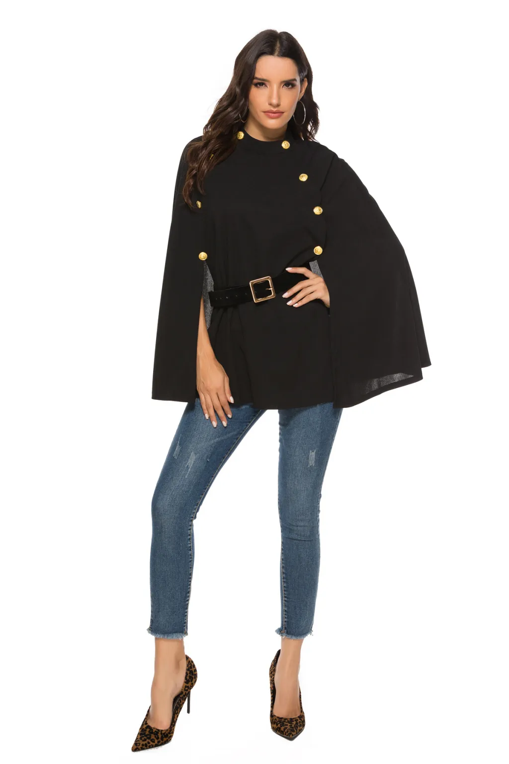 Fashion British Stand Collar Buttoned Sleeveless Big Swing Cloak Cape - Cape And Belt