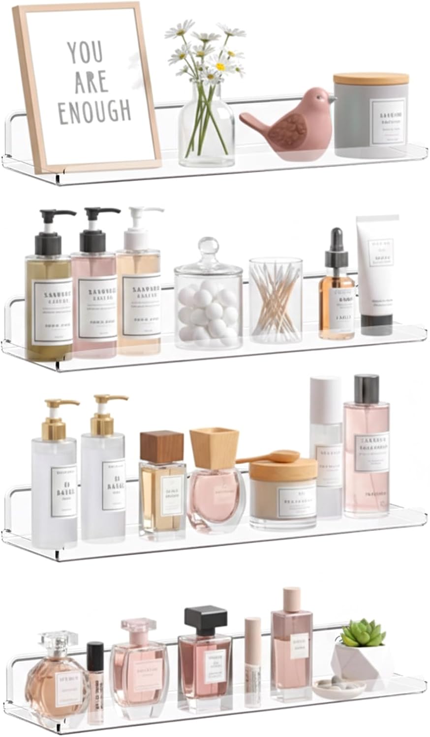 Clear Acrylic Floating Shelves 4 Units, 14 Inch Wall Mounted Organizer Shelves For Bedroom, Bathroom, Kitchen And Home Decor