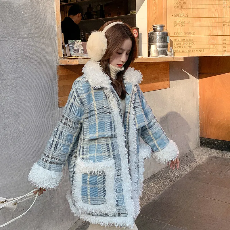 Temperament Commuter Big Pocket Lamb Hair Loose Short Coat - Blue
