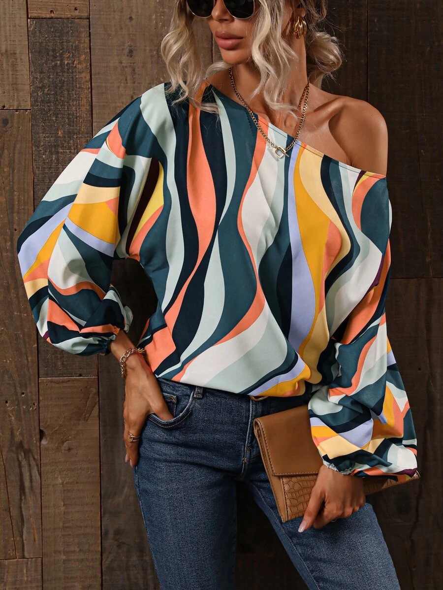 Title 19, Summer Painted Off-shoulder Bishop Sleeves Top