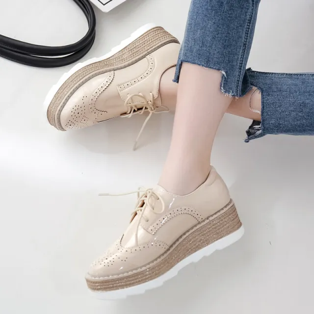 British Style Lace up Thick soled Muffin Shoes Almond 39 - Shop at LoveMi