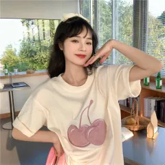 Sweet Embroidered Outer Wear Loose Mid Length Student Bottoming Top - Apricot - View 1