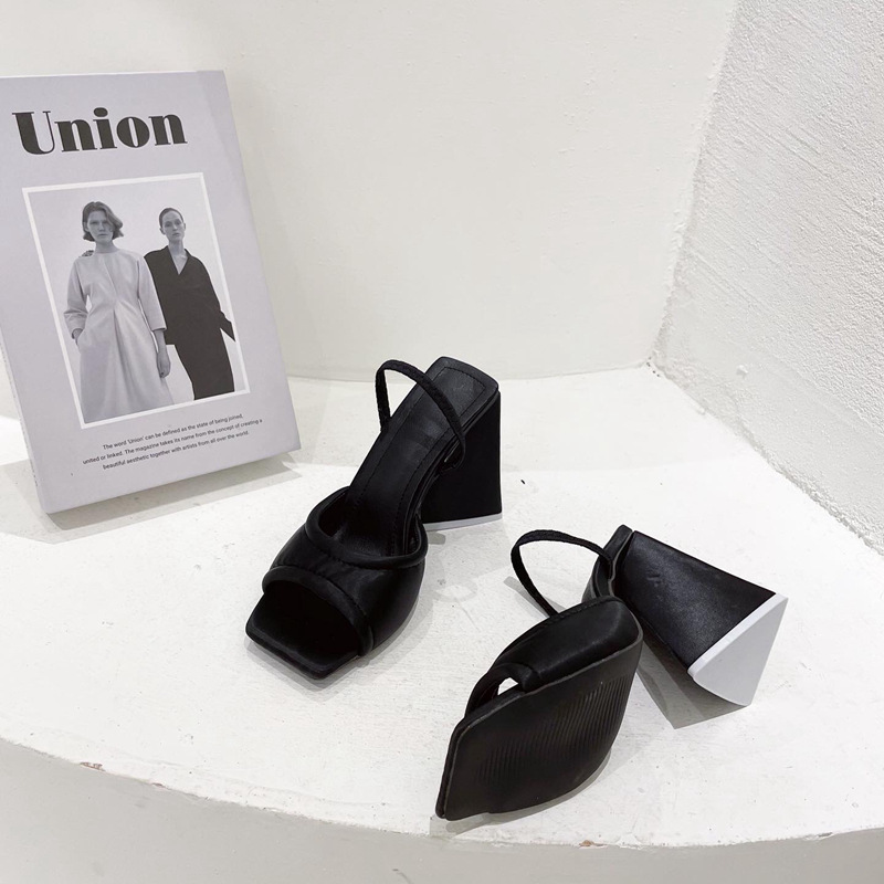 Fashion Triangle Heel Thick Heel Sandals Foreign Trade 41 Square Toe High heeled Women's Shoes Black - Shop at LoveMi