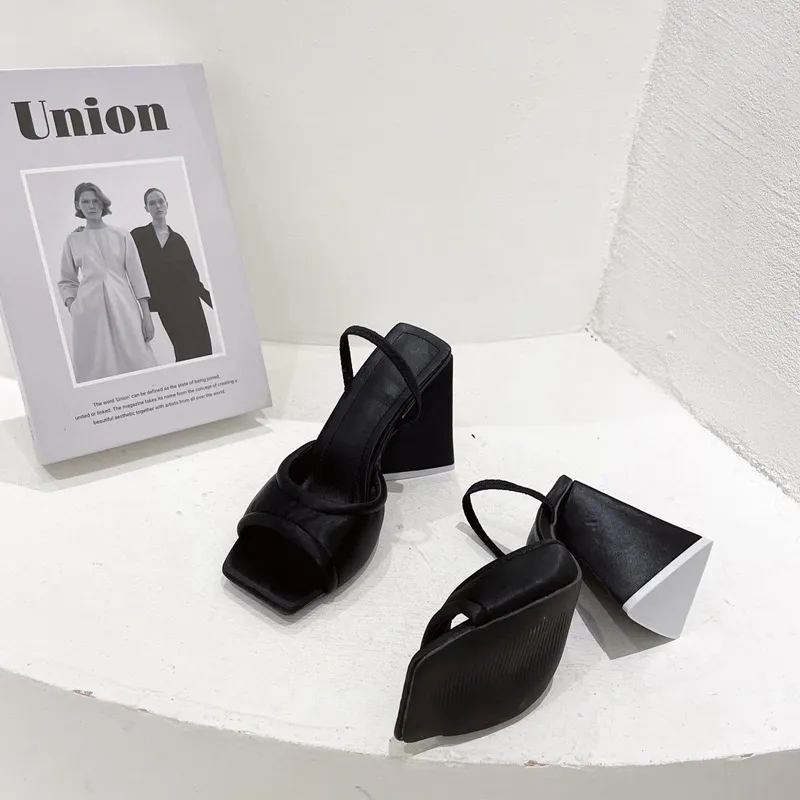 Fashion Triangle Heel Thick Heel Sandals Foreign Trade 41 Square Toe High-heeled Women's Shoes - Black