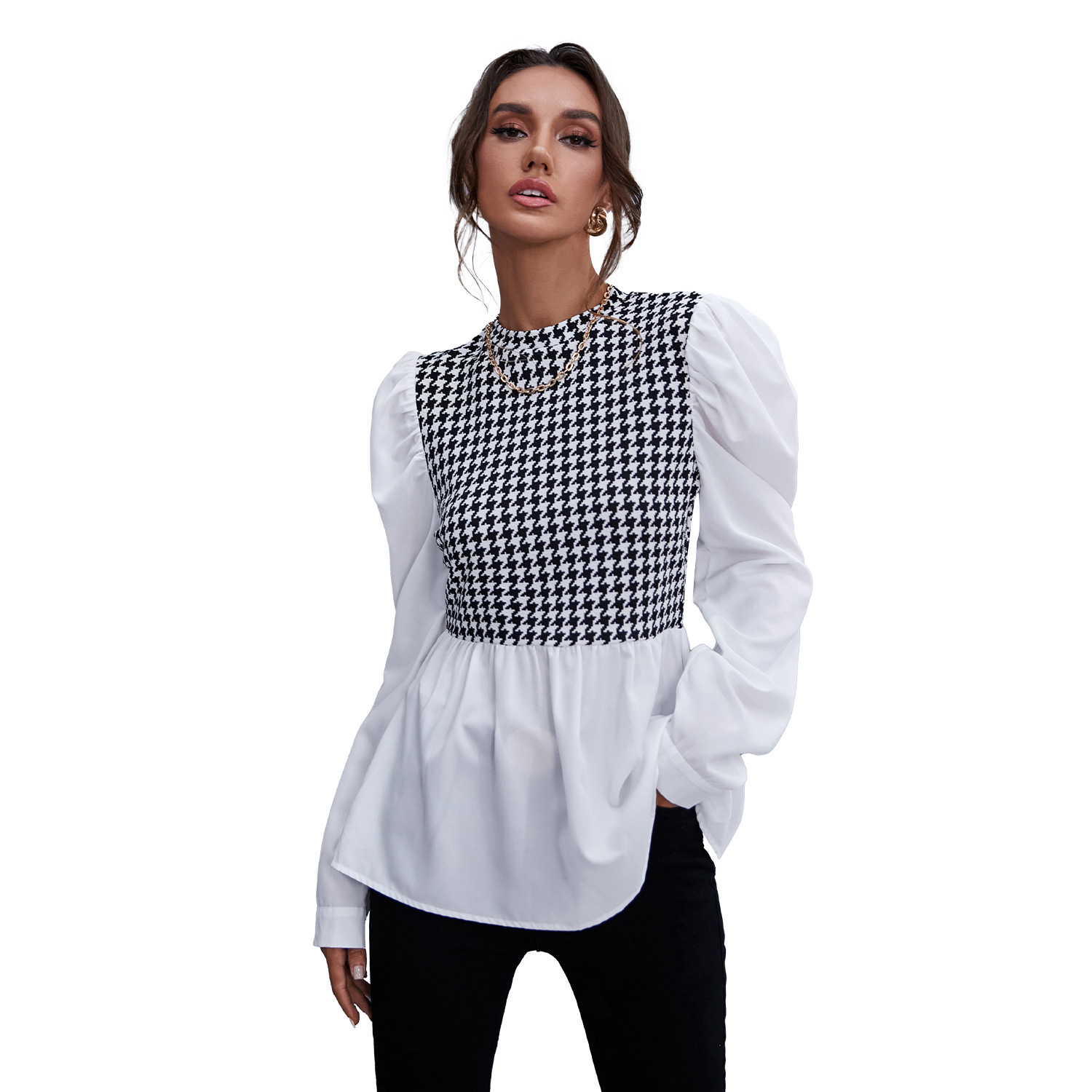 Title 4, Temperament All Match Plaid Stitching Shirt Top