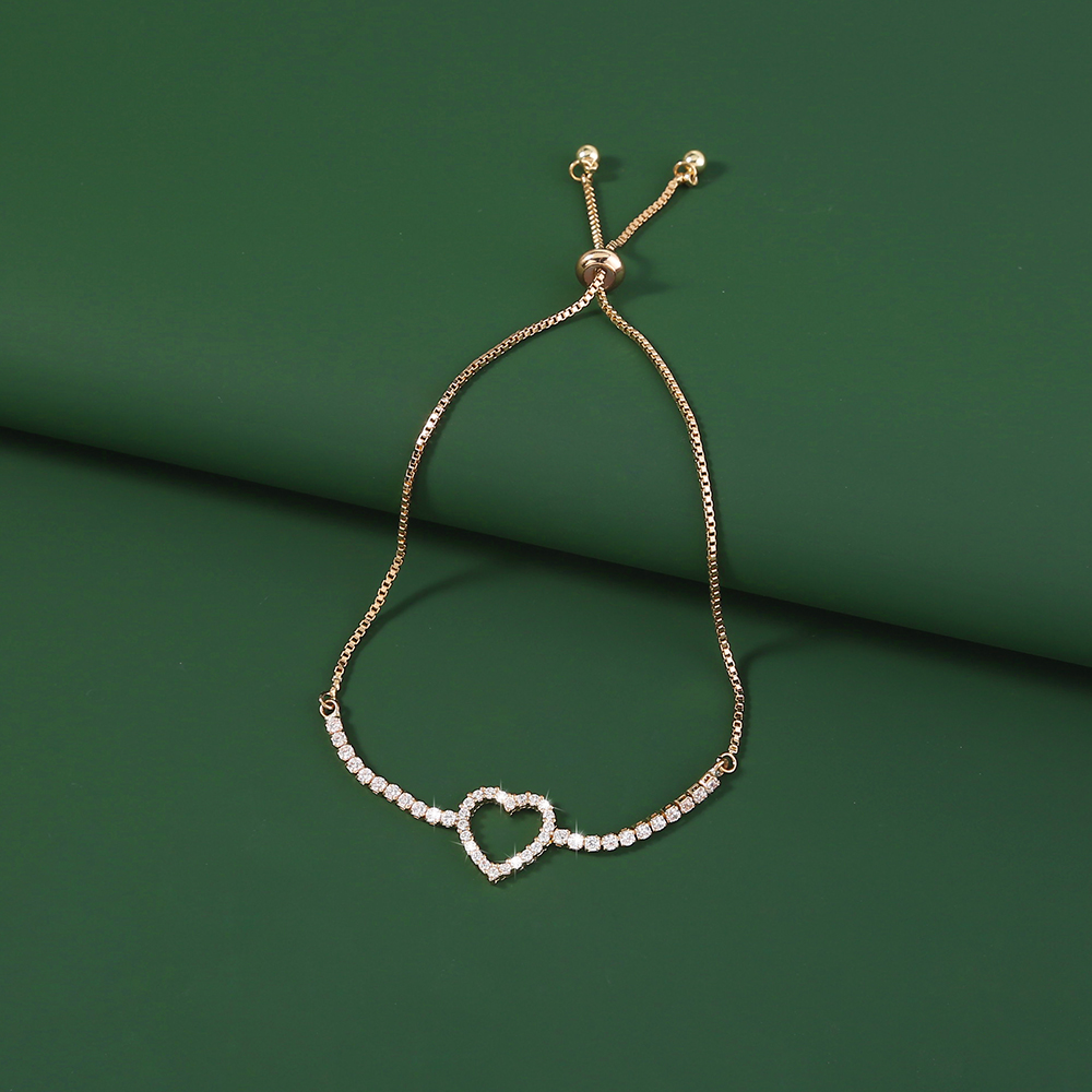 Gold Heart Brass Micro-Set Zircon Pendant Shrink-Pull Brass Bead Bracelet