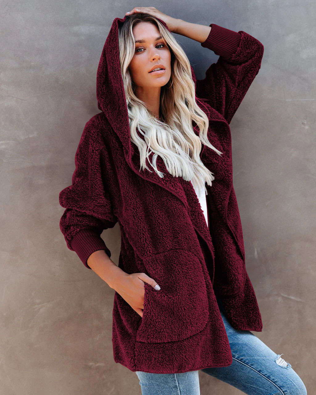 Title 5, Giacca cardigan con cappuccio in peluche casual