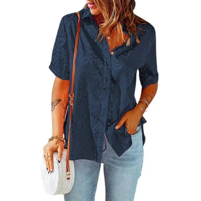 Top Cardigan Women's Lapel Single Breasted Loose Short Sleeve Shirt Navy Blue - Shop at LoveMi