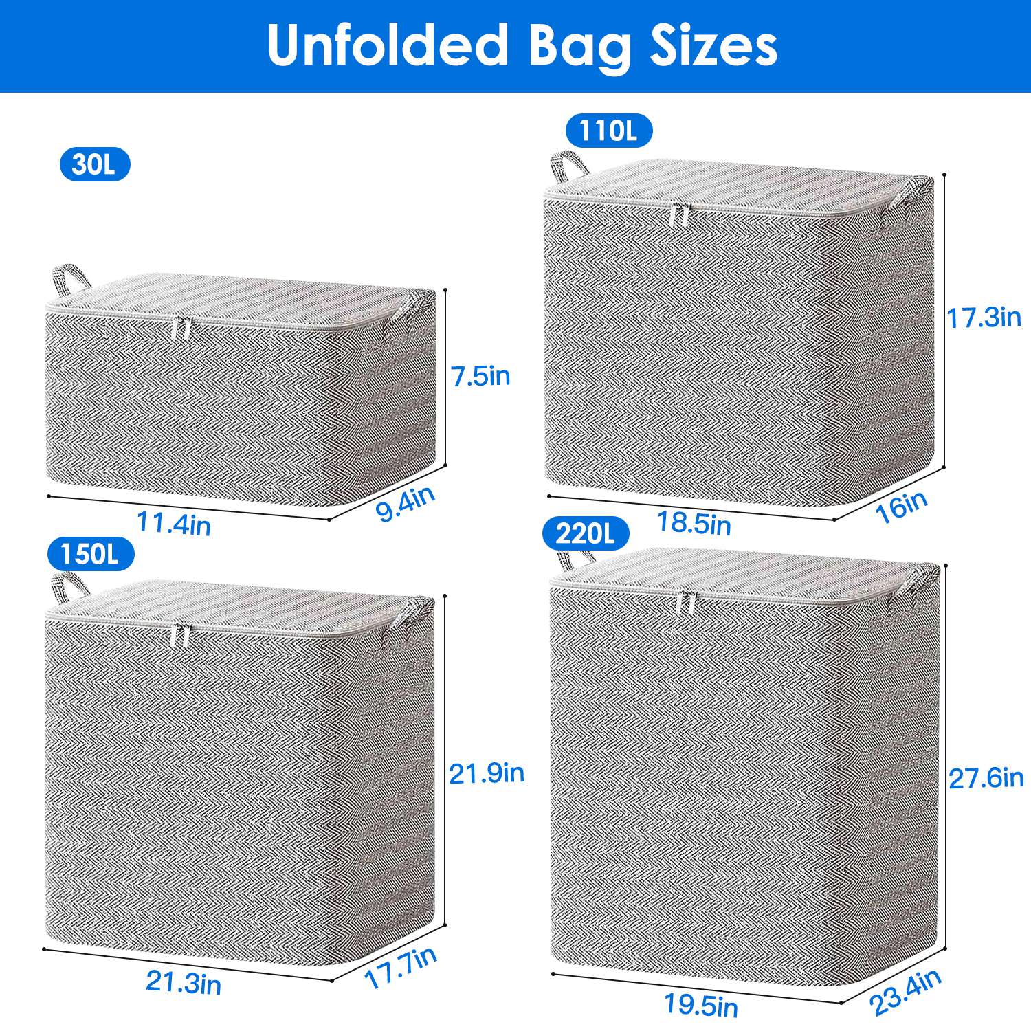 4 Pack Foldable Non Woven Storage Bags Closet Organizers Wardrobe Sorting Baskets With 2 Handles Dustproof Lid Zipper For Clothes Quilt 30L 110L 150L 220L
