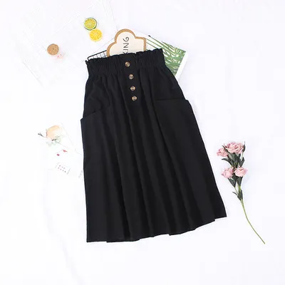Solid Color Pocket Loose And Thin Cotton Mid length Skirt Black - Shop at LoveMi