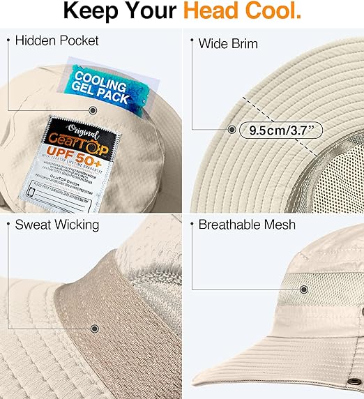 Sun Hat with UPF 50 Protection for Outdoor. UV Protection Hat - Wide Brim Hats for men and women sun hats with UPF 50+ will keep you safe from harmful UVA/UVB rays. GearTop Sun Protection Hat is perfect as a beach hats for women, sun hats for women uv pro