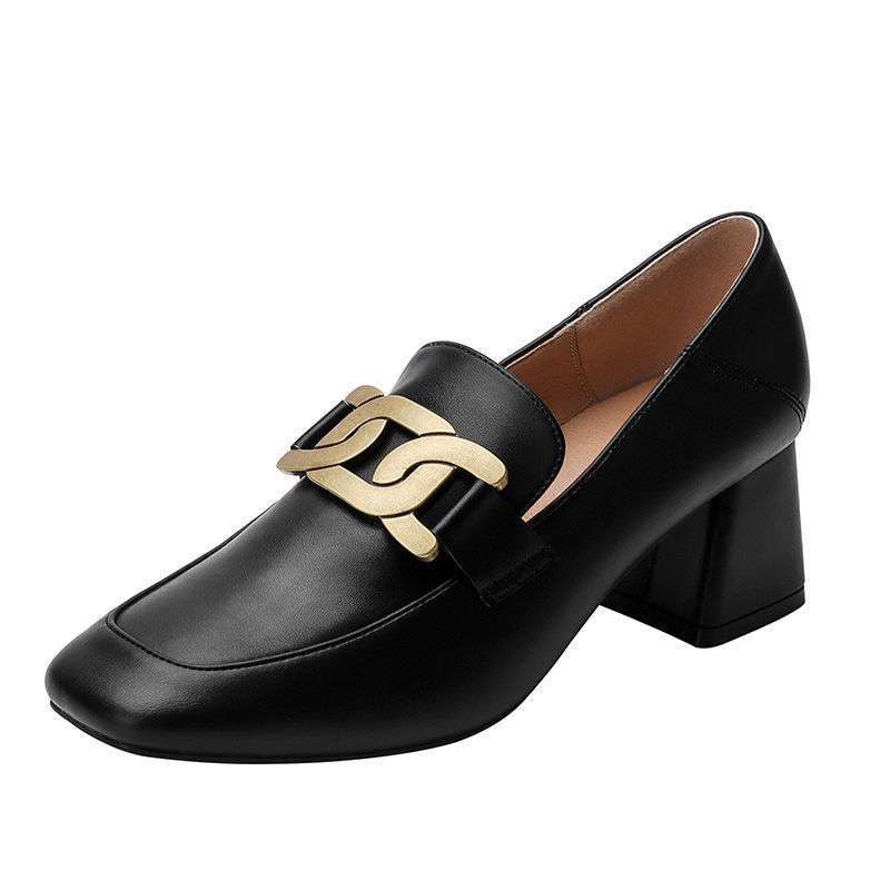 Women's Leather High-heeled Shoes All-match Thick Heel