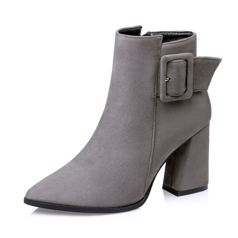 Pointed To Martin Female Frosted Thick With Short Belt Buckle High Heel Boots Grey - Shop at LoveMi