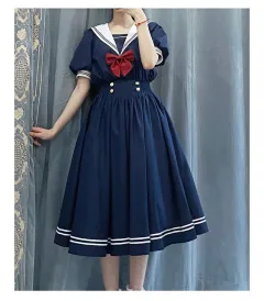 Soft Girl Student Sweet Short-sleeved Dress Women - Navy Blue - View 1