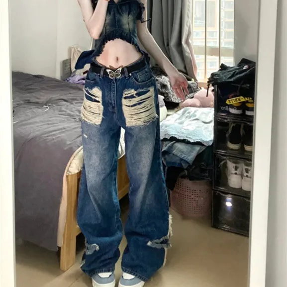 High Waist Slimming Holes Tasseled Jeans Blue And Belt - Shop at LoveMi
