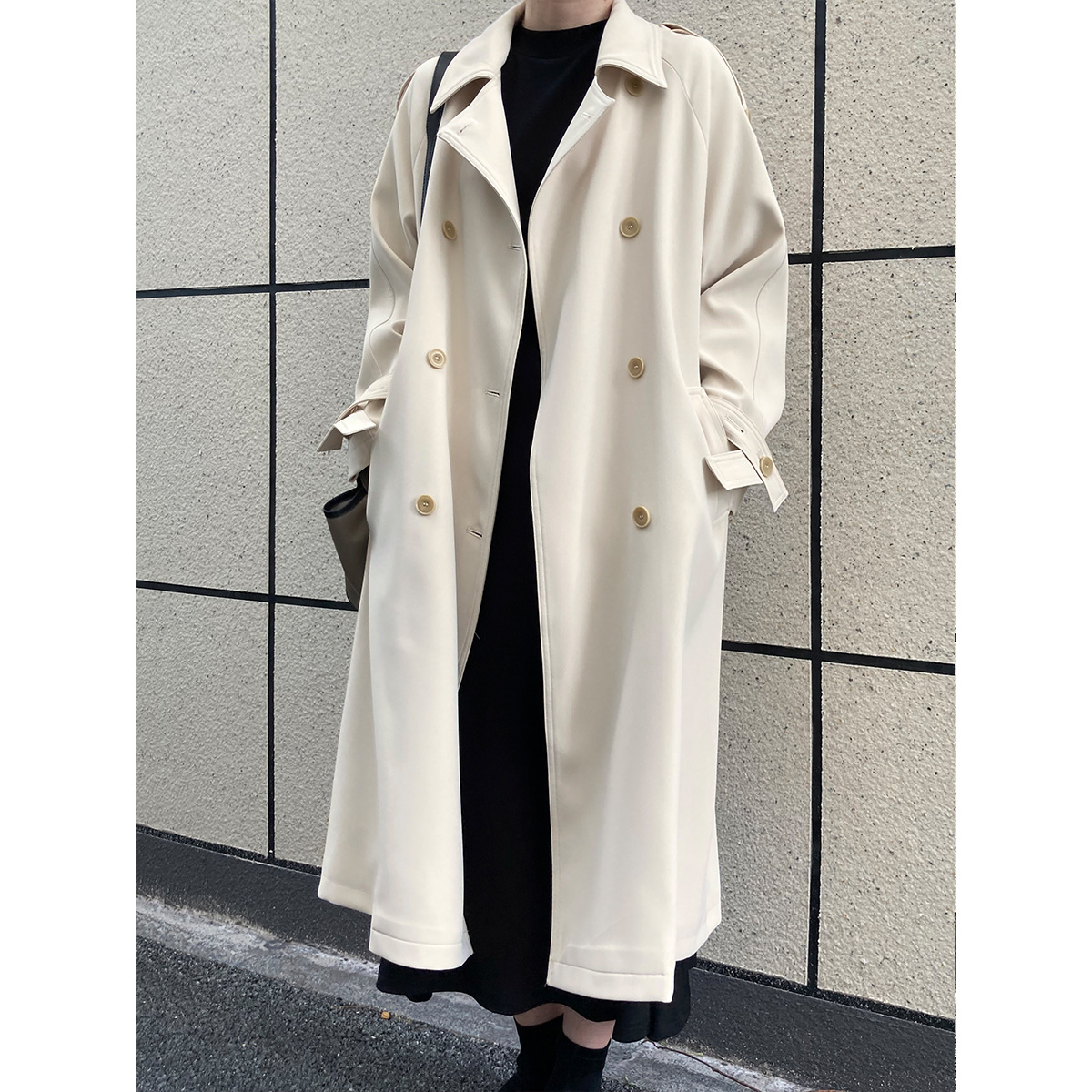 Autumn Drape British Style Loose Mid length Over the knee Windbreaker Jacket Women Beige Apricot - Shop at LoveMi