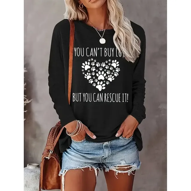 Women Paw Letter Tshirts Casual Long Sleeve Crew Neck Tee Tops Blouse Black - Shop at LoveMi
