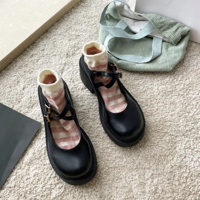 Spring Retro Chunky Heel Platform Leather Shoes 5 Style 34 - Shop at LoveMi