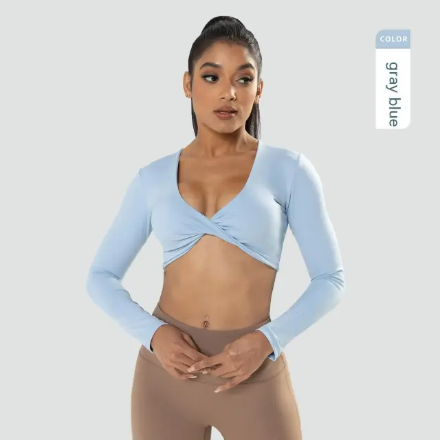 Women's Deep V neck Slim Fit Breathable Ins Style Yoga Clothes Short Top Gray Blue - Shop at LoveMi