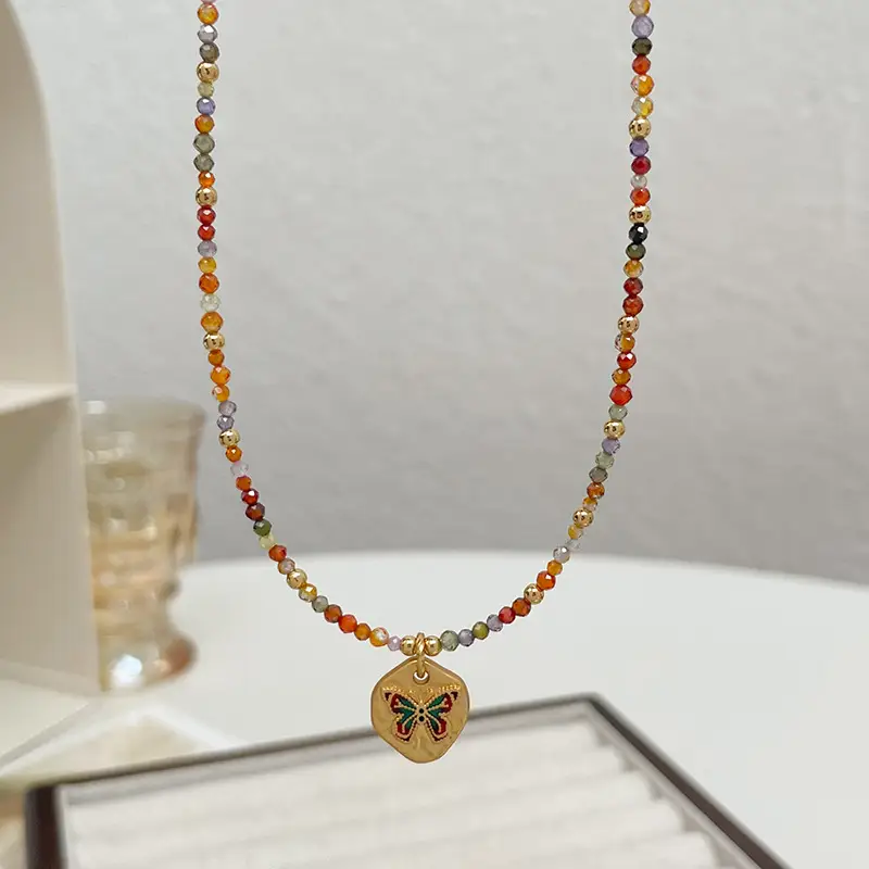 Women's Fashionable All-match Colorful Zircon Beaded Dripping Butterfly Necklace