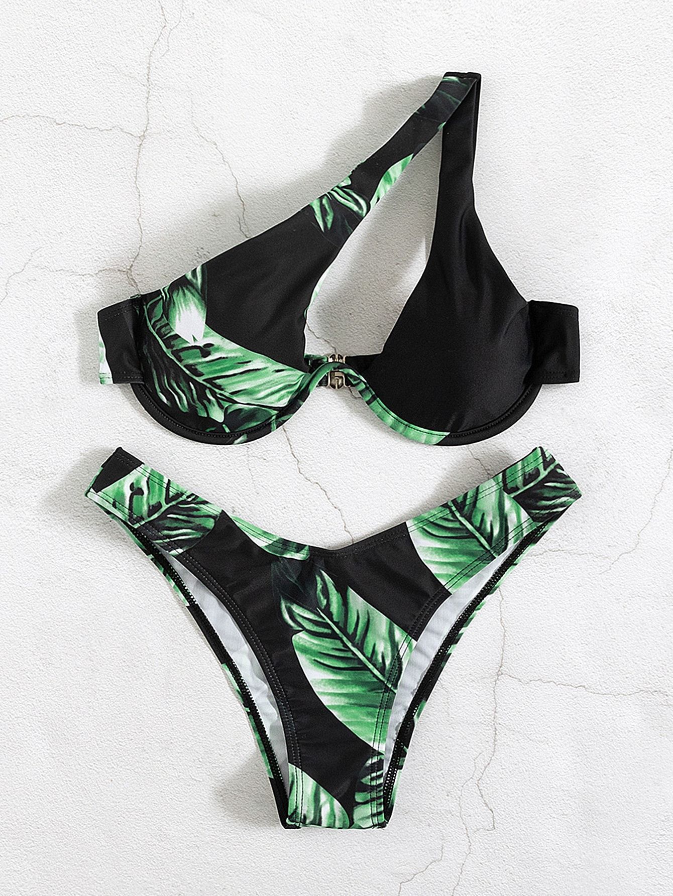 New Leaf Print Bikini Ladies One Shoulder Underwire Split Swimsuit