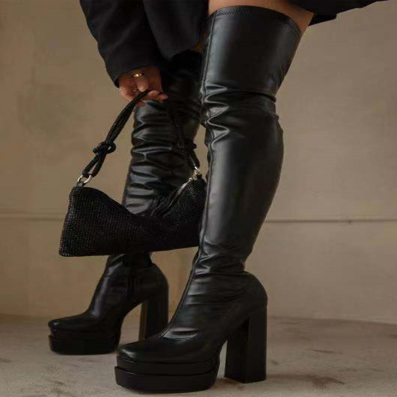 European And American New Square Head Platform Thick Heel Over The Knee Fashion