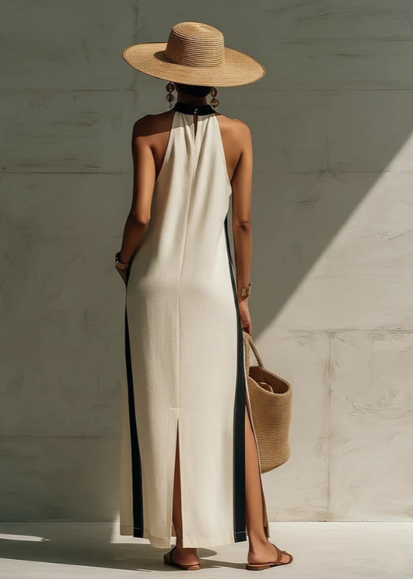 Mibai Collision Black Border Hanging Neck Linen Long Vacation Dress
