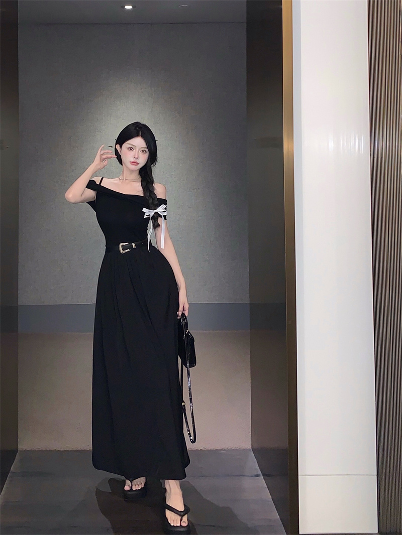 T-shirt Dress Women's Off-shoulder Waist-slimming Belt Long Dress