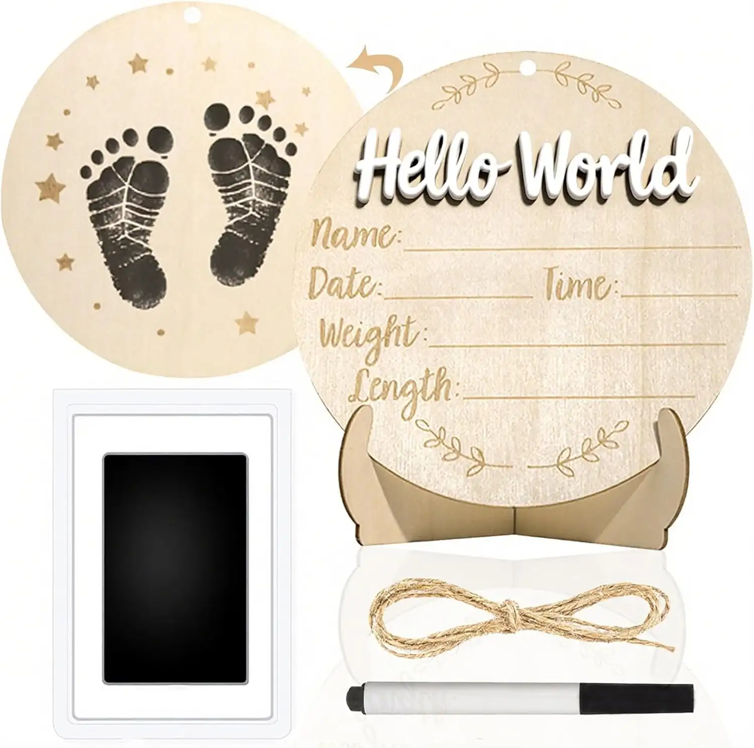 Wooden Hello World Birth Announcement Sign, Newborn Baby Footprint Milestone Photo Prop, Birth Info Name Date Weight Height Wooden Plaque