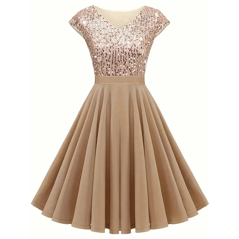 Women's Elegant Sequin V Neck Cap Sleeves