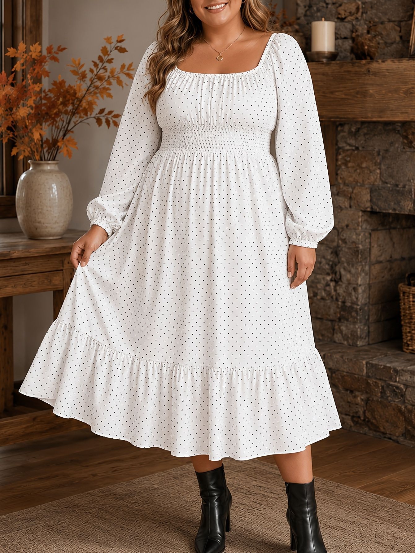 Women New Fall Winter Polka Dot Dress, Plus Size Boat Neck Smocked Dress