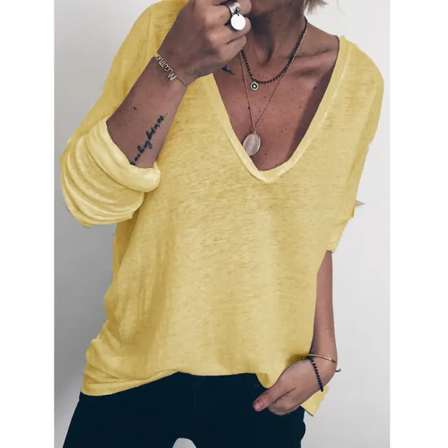 European And American Women's Casual Loose Long sleeved V neck Printed T shirt Yellow - Shop at LoveMi