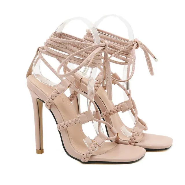 Braided Square Toe Strap Super High Heel Sandals Apricot - Shop at LoveMi