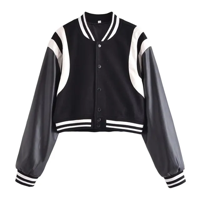 Wool Stitching PU Baseball Uniform American Retro Jacket Black - Shop at LoveMi