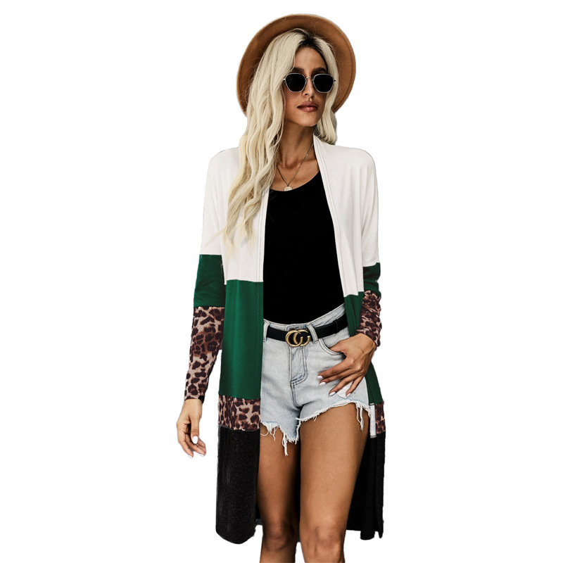 Scarf Collar Leopard Print Stitching Loose Knit Sweater Women's Jacket