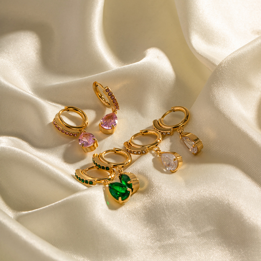 INS Internet Celebrity Titanium Steel Earrings Full Of Zirconium Emerald Zircon Water Drops Pendant