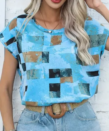 Women's Chic Geometric Aztec Print T Shirt Casual Crew Neck, Durable Non Stretch Fabric, Ideal For Summer Wear Sky Blue - Shop at LoveMi
