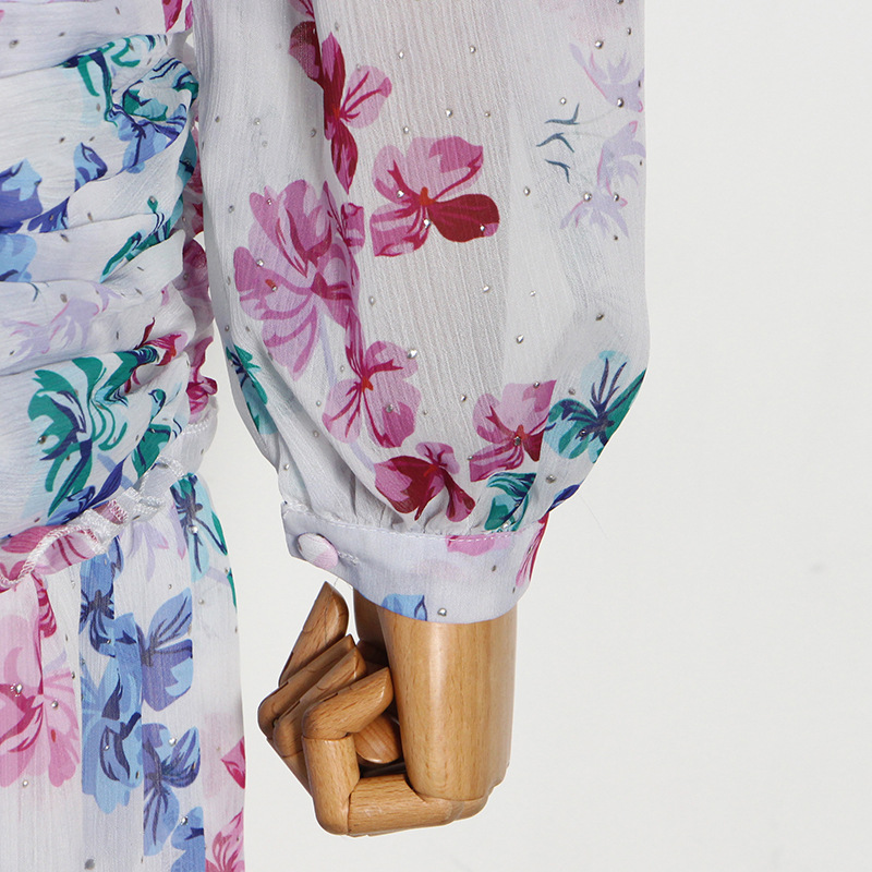 Floral Stand-Collar Pleated Shirt Dress — product details and sizing image 2