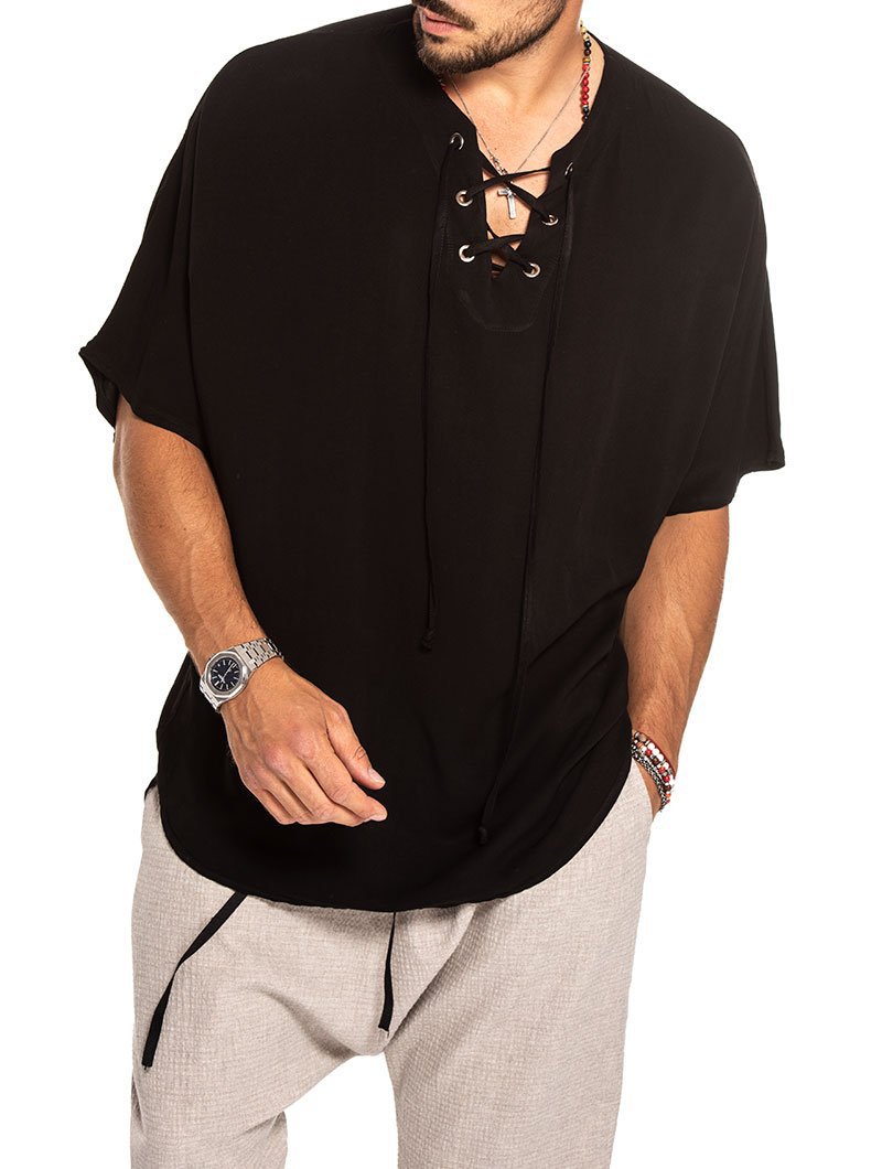 European And American New Cotton And Linen Lace-up Men's Shirt