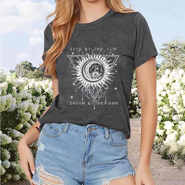 Women's Sun & Moon & Lotus Print T shirt, Casual Short Sleeve Crew Neck Top For Spring & Summer Dark Gray - Shop at LoveMi