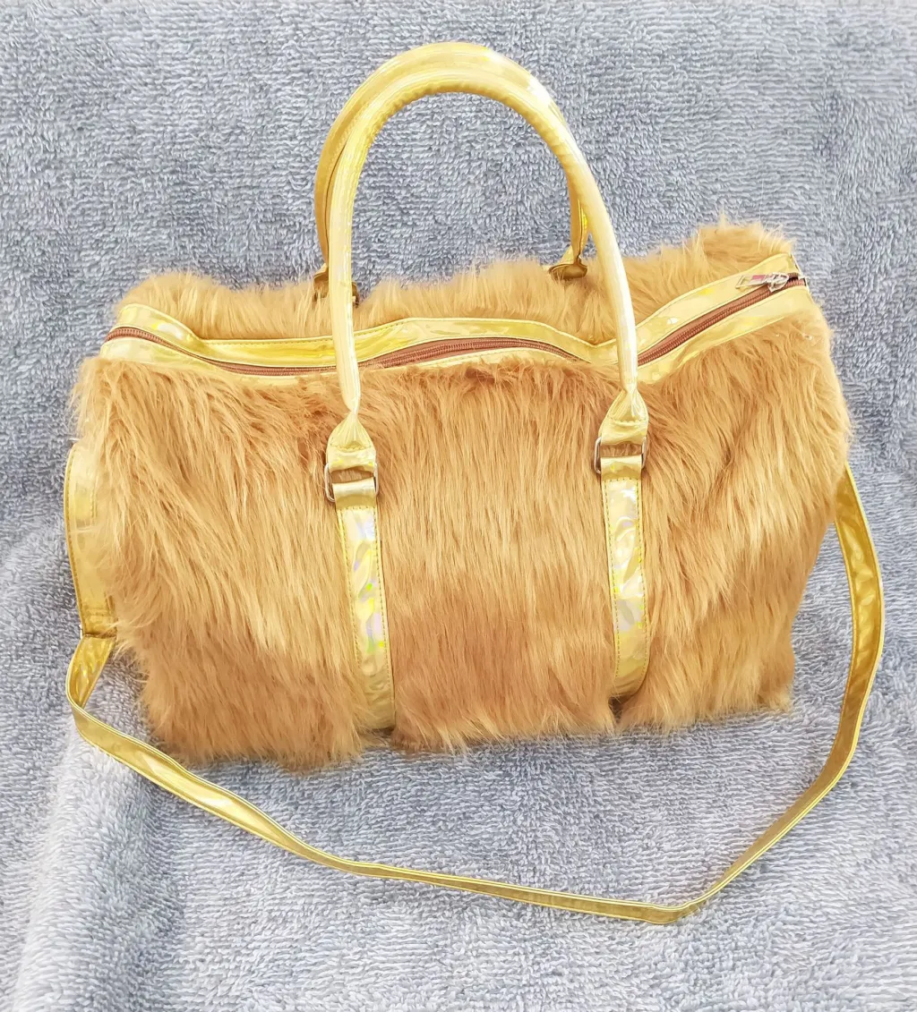 Laser Symphony Faux Fur Plush Oversized Travel Bag Luggage Bag Large Capacity Tote - Gold