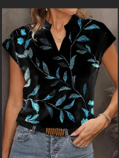 Women's Casual Fashion Printed V-neck Short Sleeved T-shirt - Black - View 1